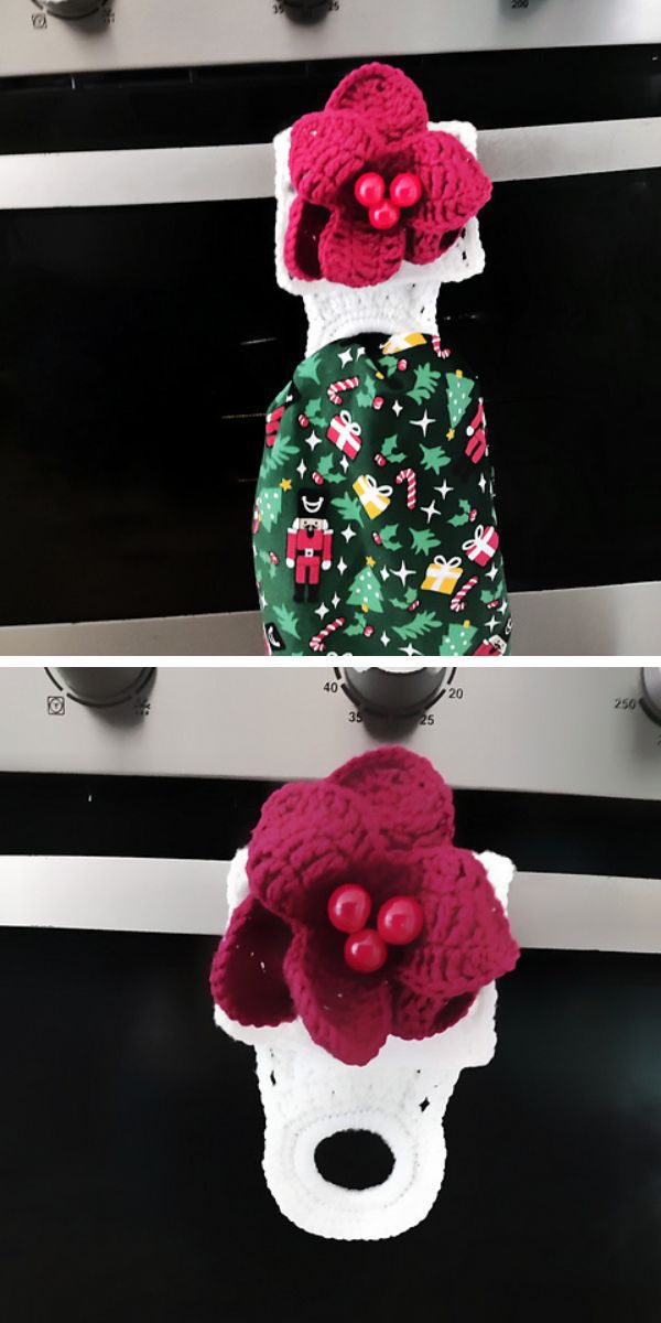 Two pictures of a crocheted flower adorning a stove in a cozy home.