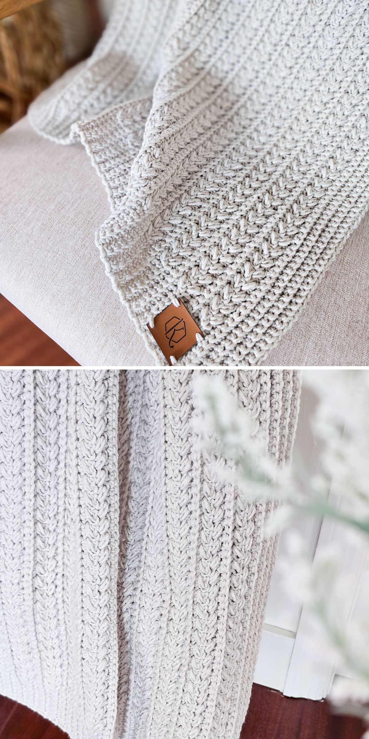 Close-up of a delicate crochet baby blanket draped over a chair, featuring a leather tag with a simple logo.
