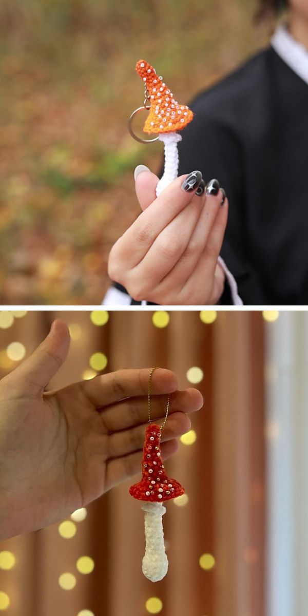 Two pictures of a woman holding a crochet mushroom ornament.