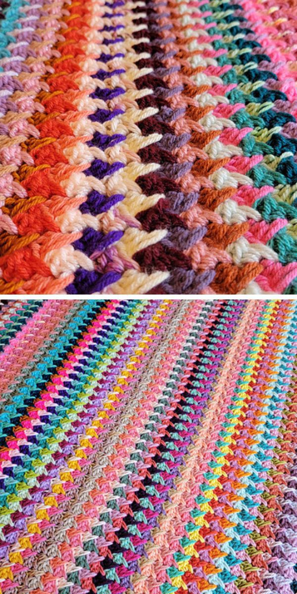 A crochet blanket with different colors of yarn.