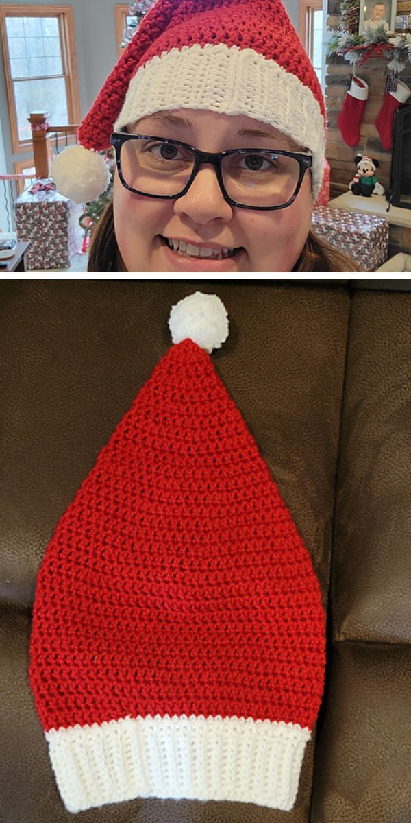 A woman is wearing a crochet santa hat.