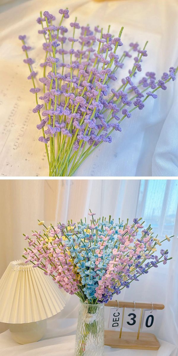 Two crochet flowers in a vase on a table.