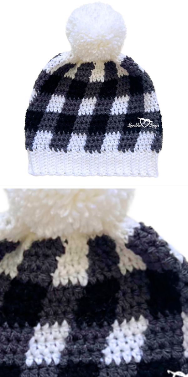 a crochet hat with a buffalo plaid design