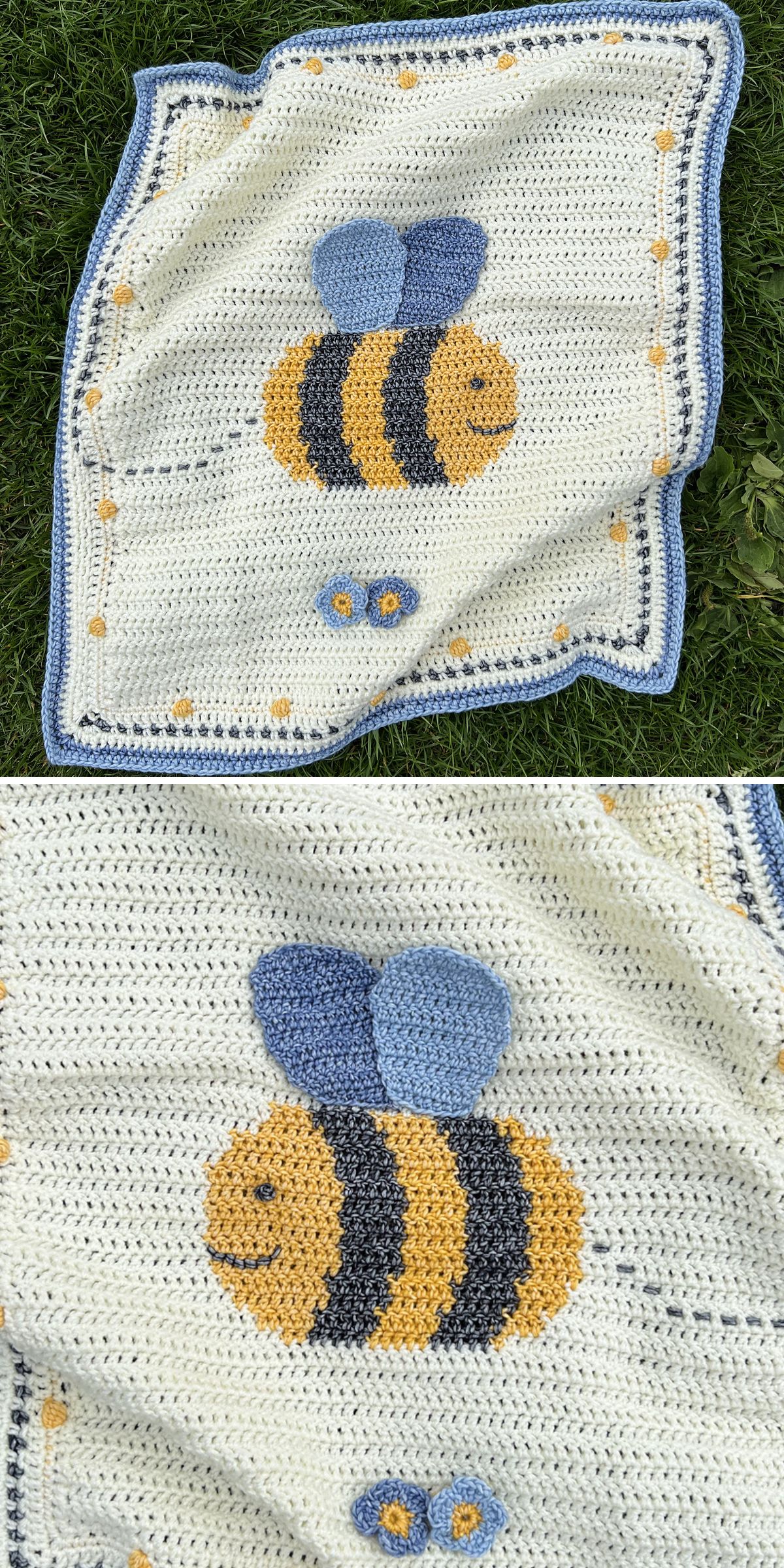 A crochet baby blanket lies on the grass, showcasing a large bee design with blue wings and yellow-black stripes, framed by a charming blue and yellow patterned border.