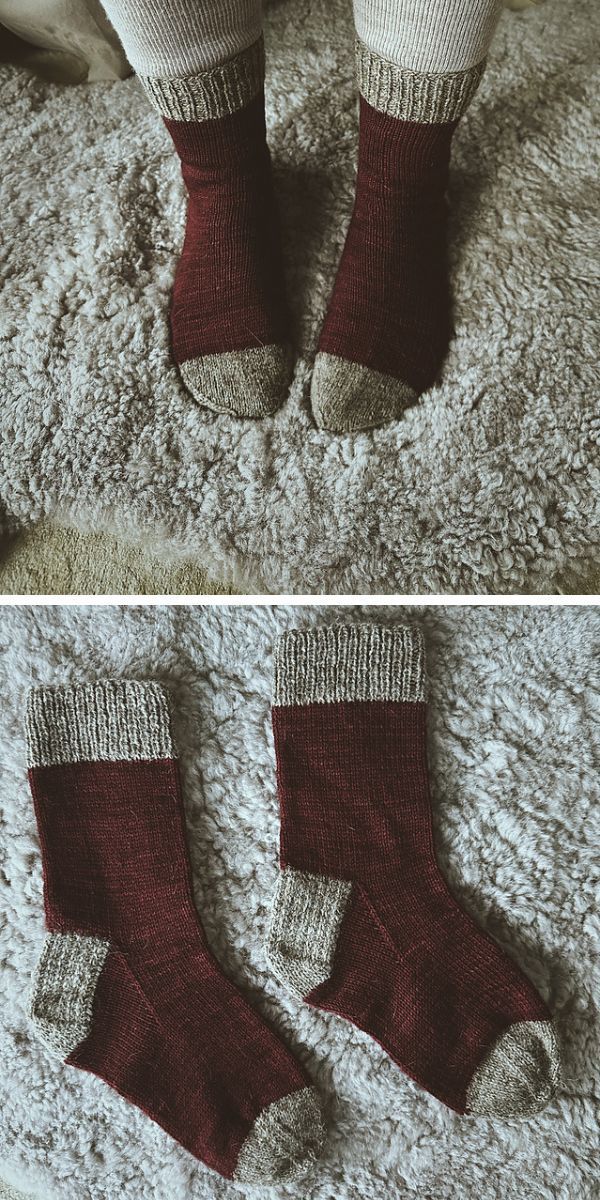 A pair of knitted burgundy and grey socks.