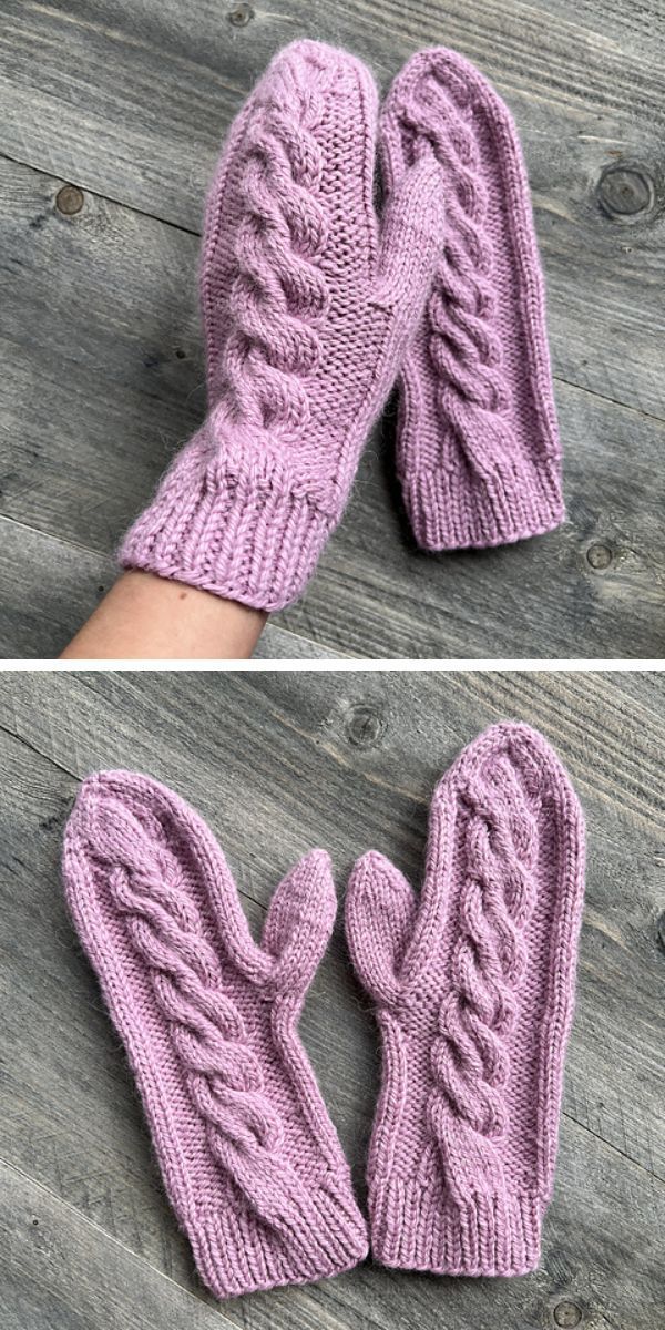 A pair of pink knitted mittens is featured in two pictures.