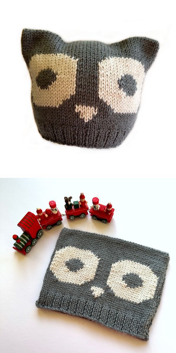 Two pictures of a knitted kitty hat and a toy train, showcasing adorable knit hats for babies.