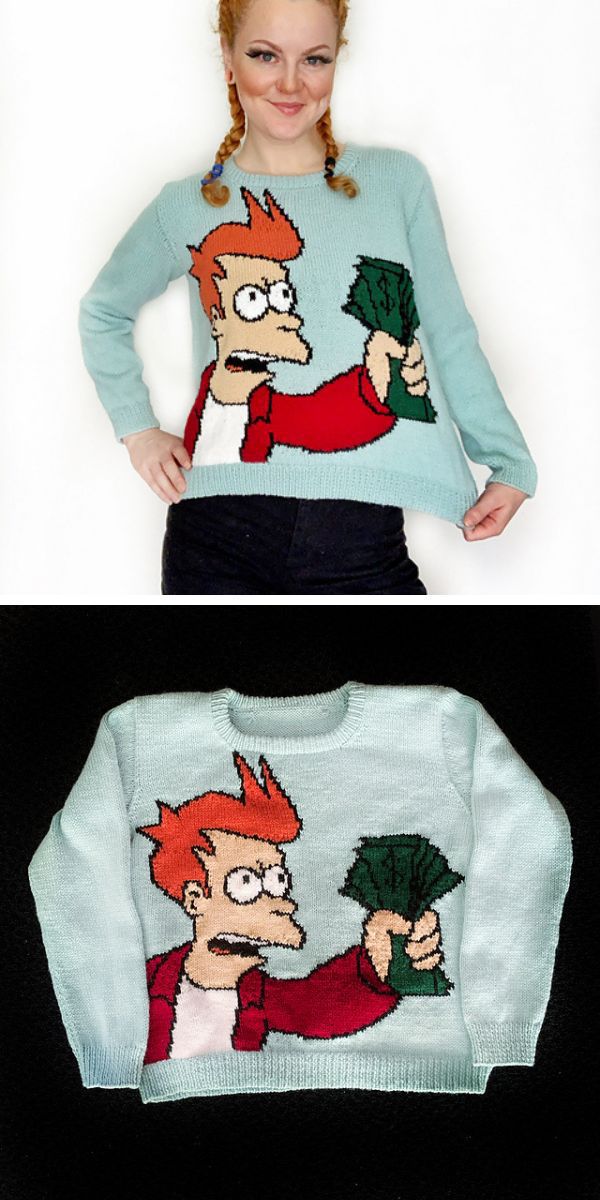 A woman wearing a knitted sweater with a cartoon character on it.