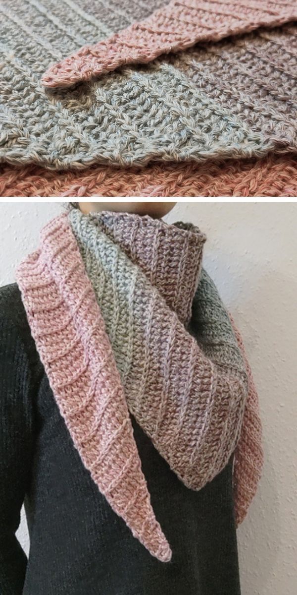 Two pictures of a crochet shawl knitted in pink and grey.