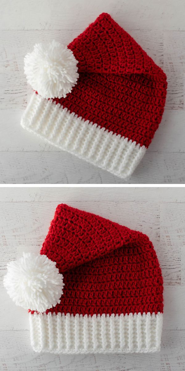 Two crochet santa hats with pom poms.