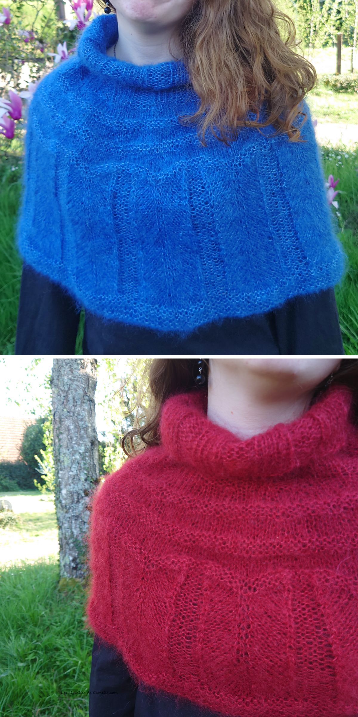 a knitted poncho in blue and in red