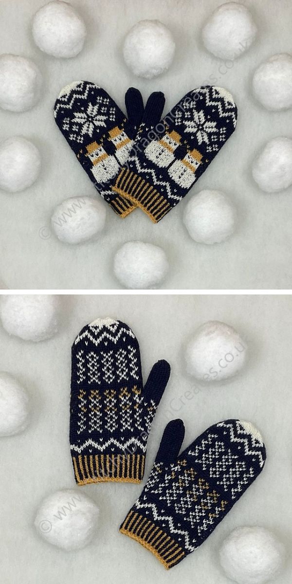 Two knitted mittens with snowflakes