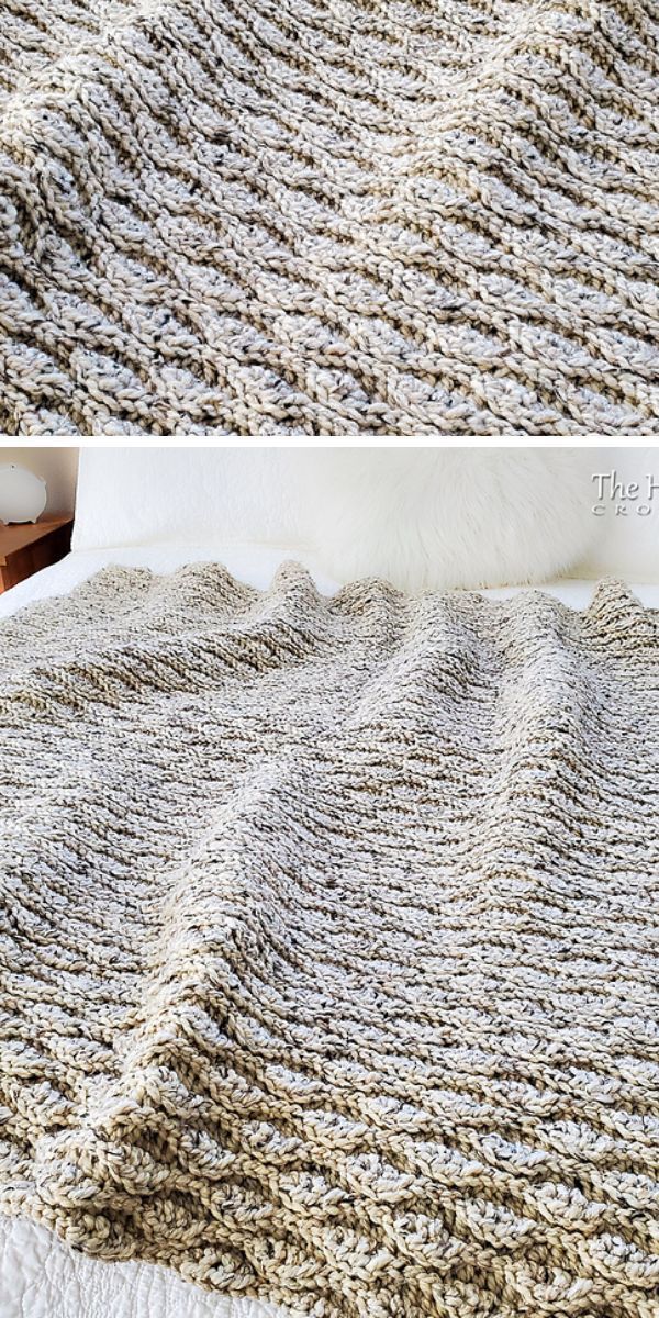 Two pictures of crochet throws on a bed.