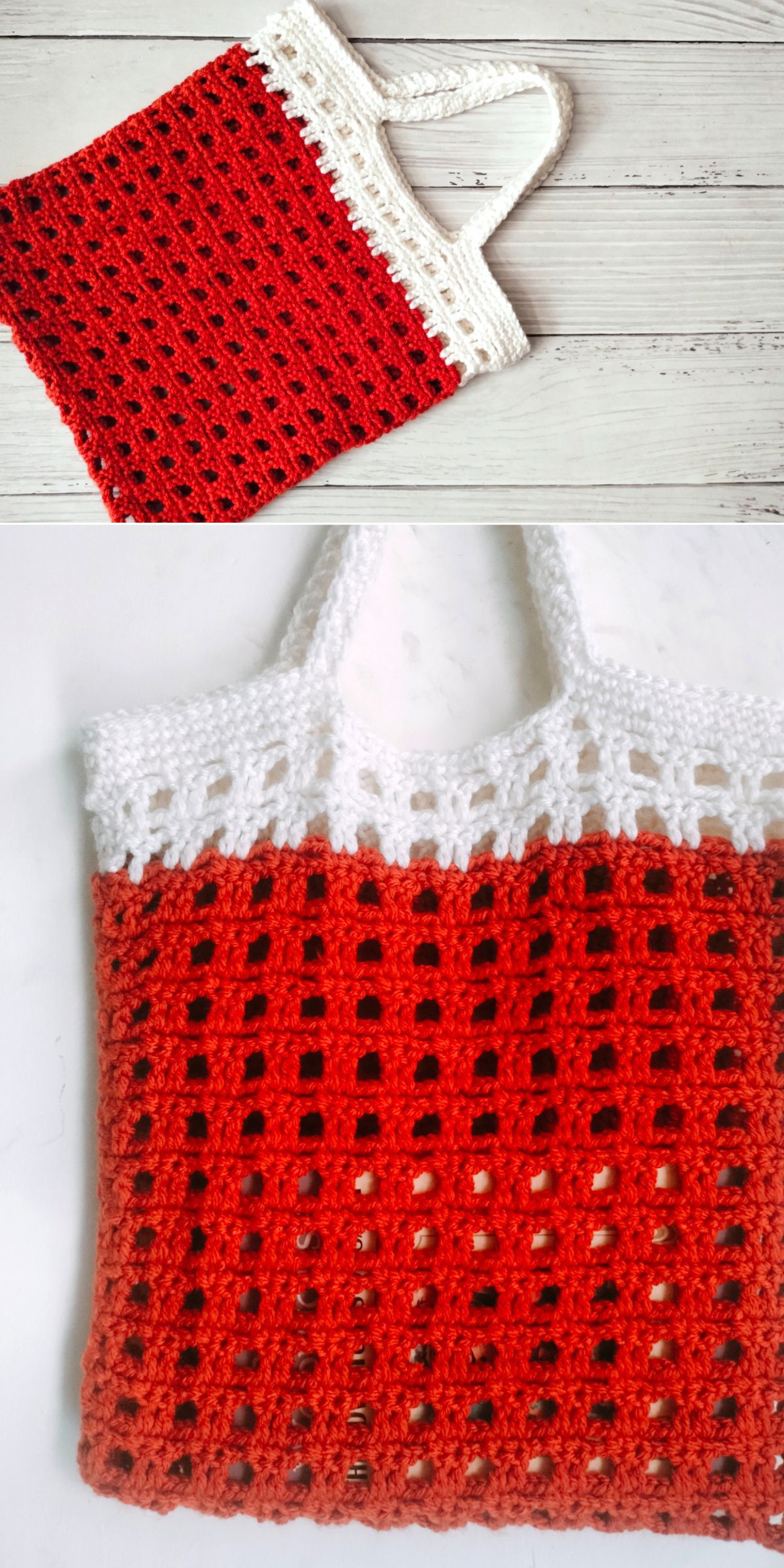 A crochet bag with a red body and white top section.