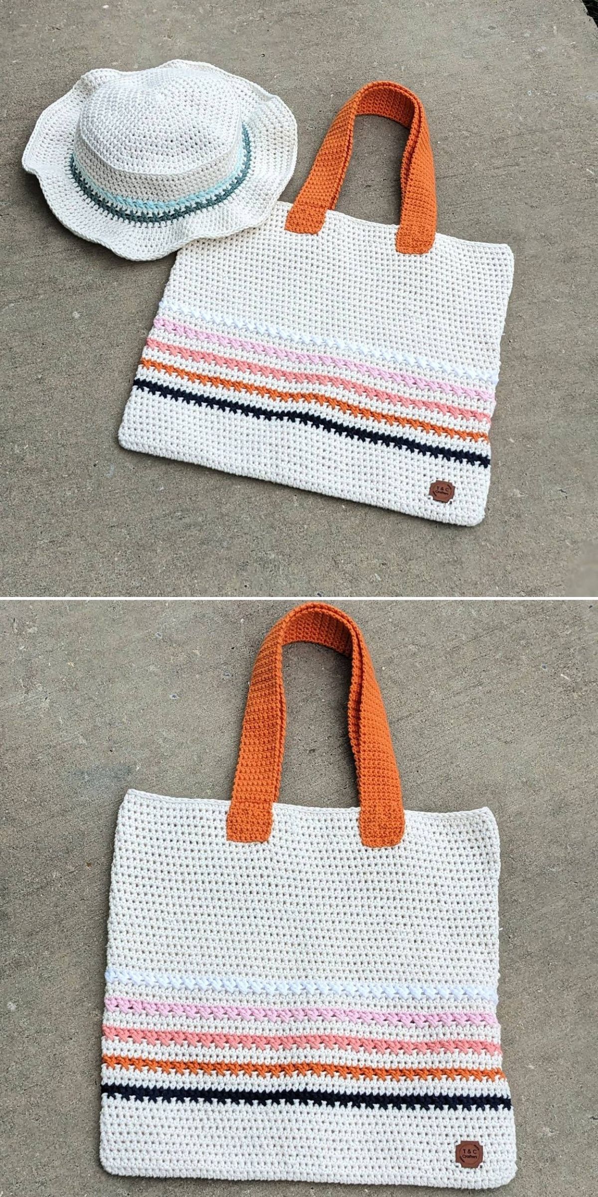 A crochet set consisting of a white sunhat and a matching crochet bag featuring orange handles and pastel stripes.
