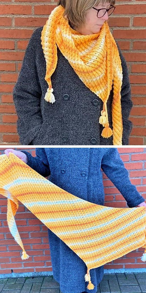 Two pictures of a woman holding a crocheted scarf and knitted shawls.