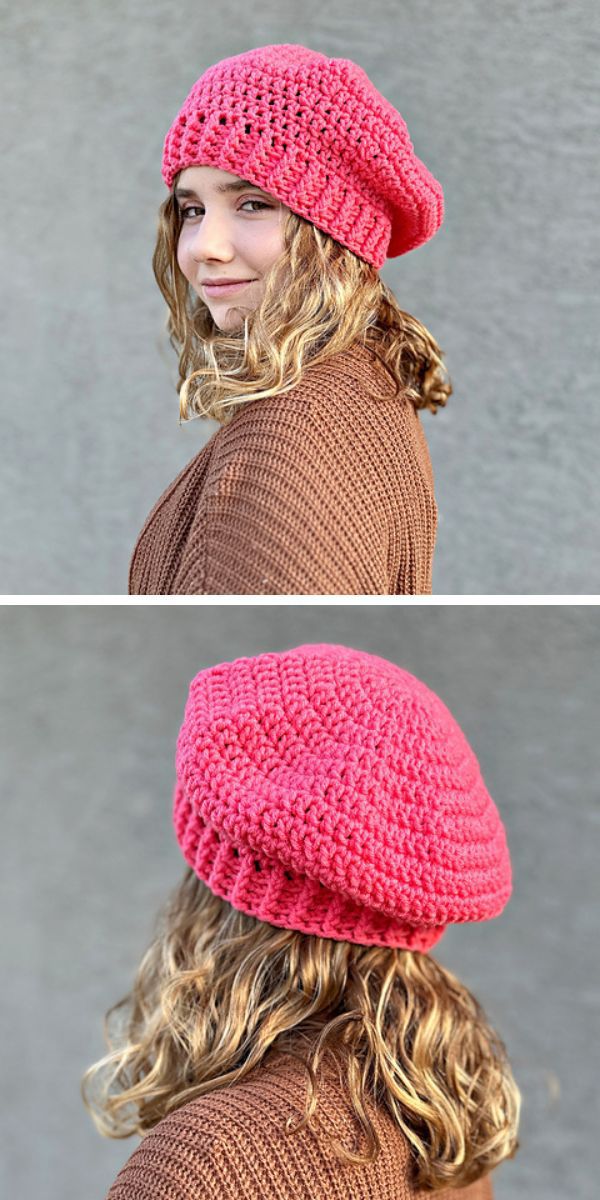 Two pictures of a woman wearing a pink crochet beret.