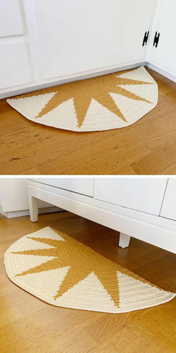         Description: Two pictures of a sun-shaped crochet rug.