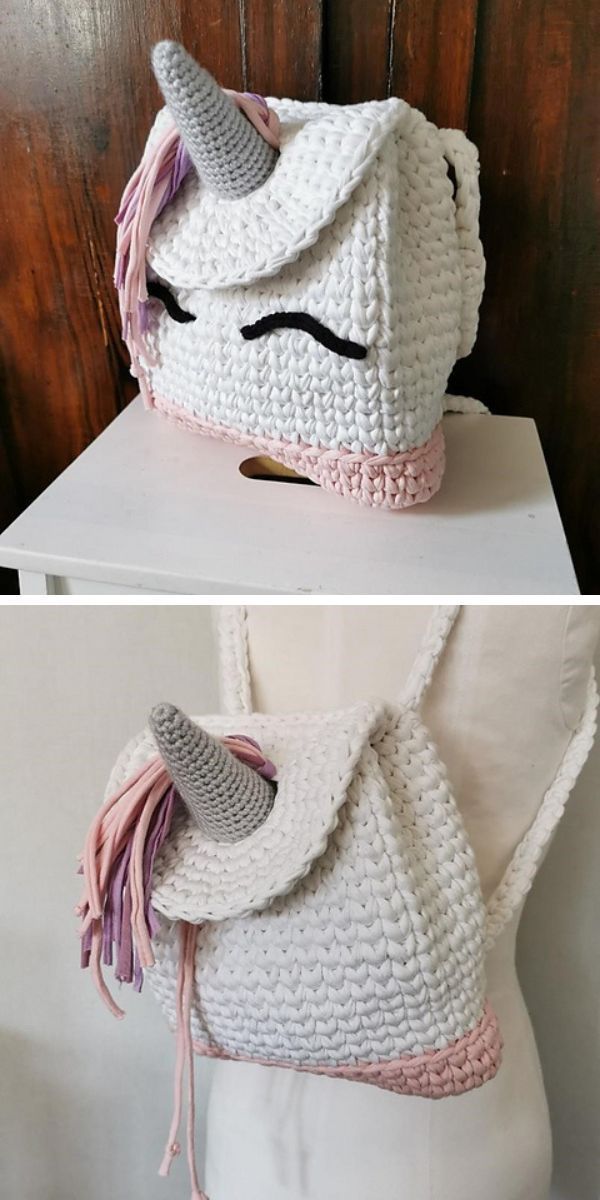 Two pictures of a crocheted unicorn purse featuring a unique crochet pattern.