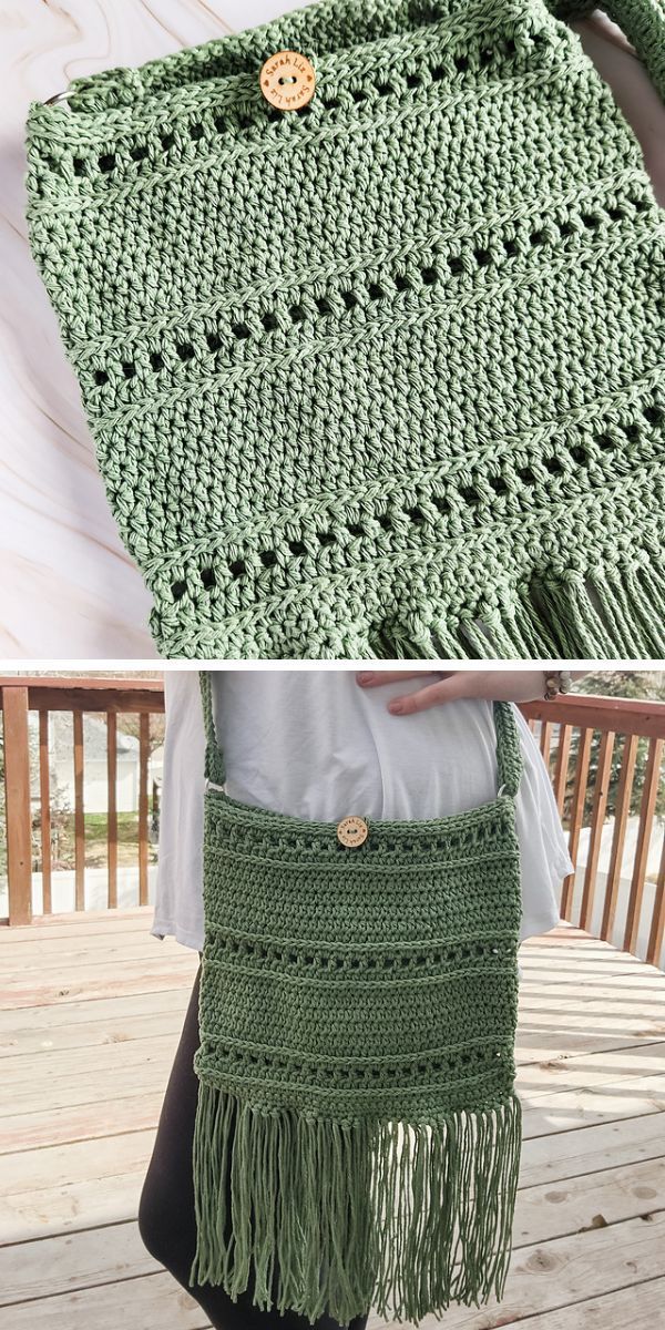A green crocheted crossbody bag with tassels.