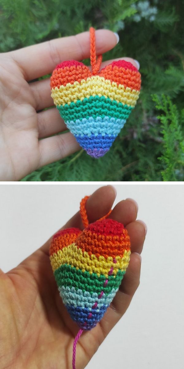 a crochet rainbow heart amigurumi