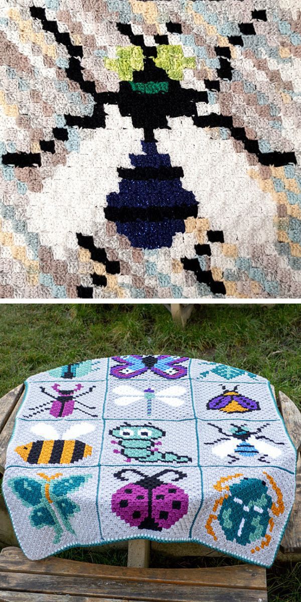 Two pictures of a crochet beetle blanket.
