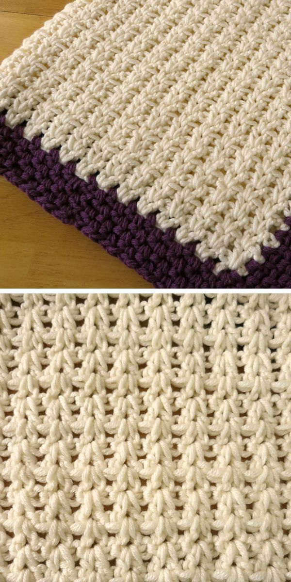         Description: Two pictures of a knitted dishcloth with a purple border.