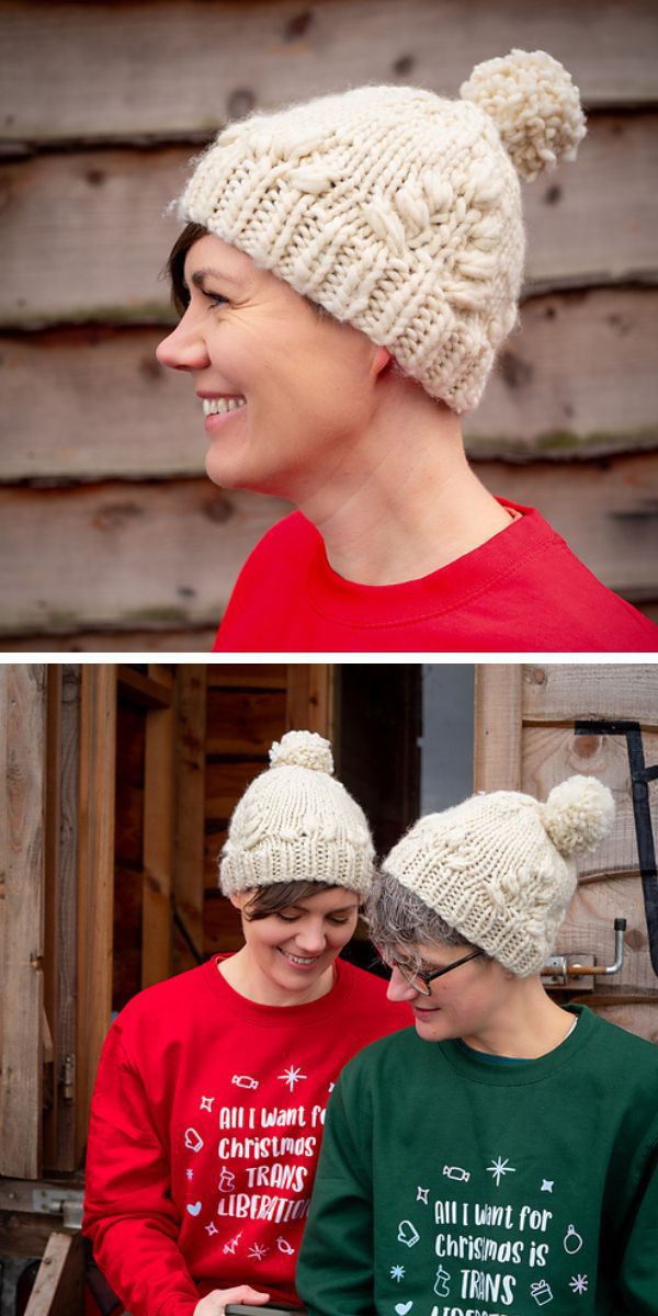 Two women wearing knitted hats and Christmas sweaters.
