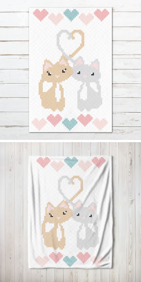 Two pictures of a crochet blanket with cats and hearts.