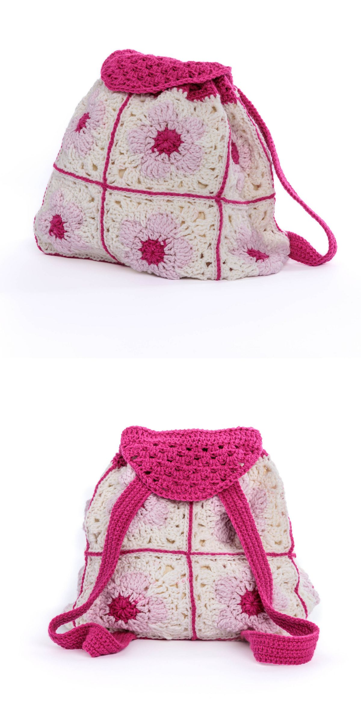 a crocheted backpack made from flower granny squares