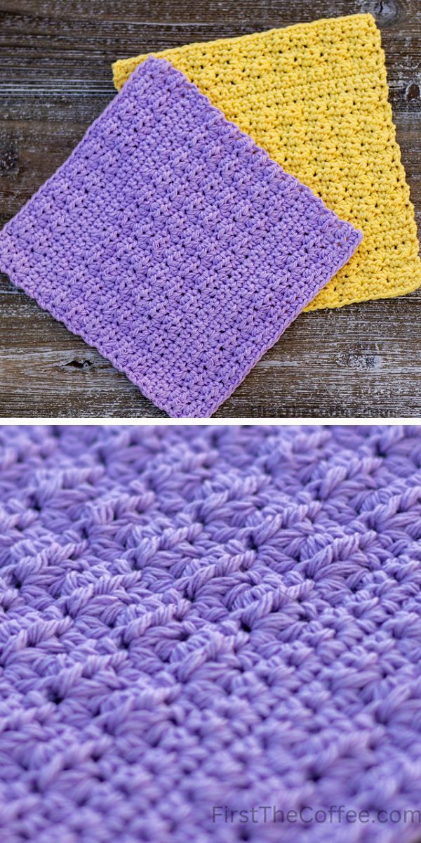 A purple and yellow crochet dishcloth.