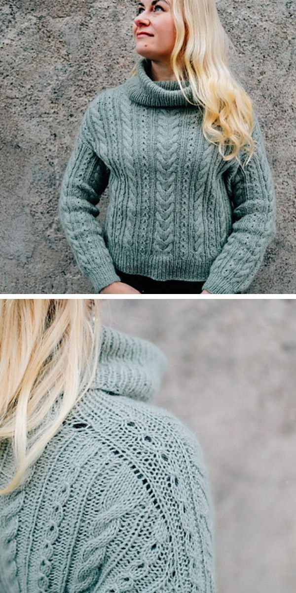 Two pictures of a woman wearing a green knitted sweater.