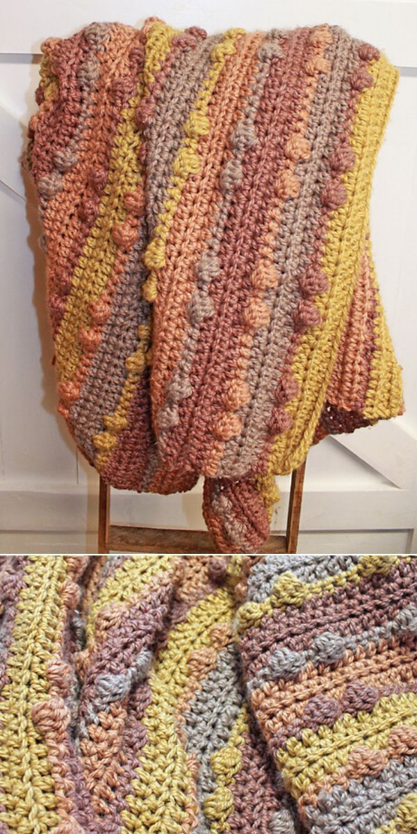Two pictures of bobble blankets on a chair.