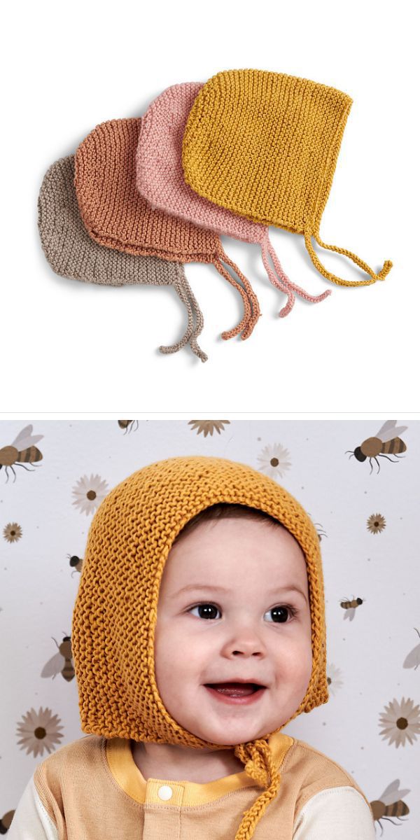 A baby wearing a knitted yellow bonnet is pictured below three other knitted baby bonnets in shades of brown, pink, and mustard.