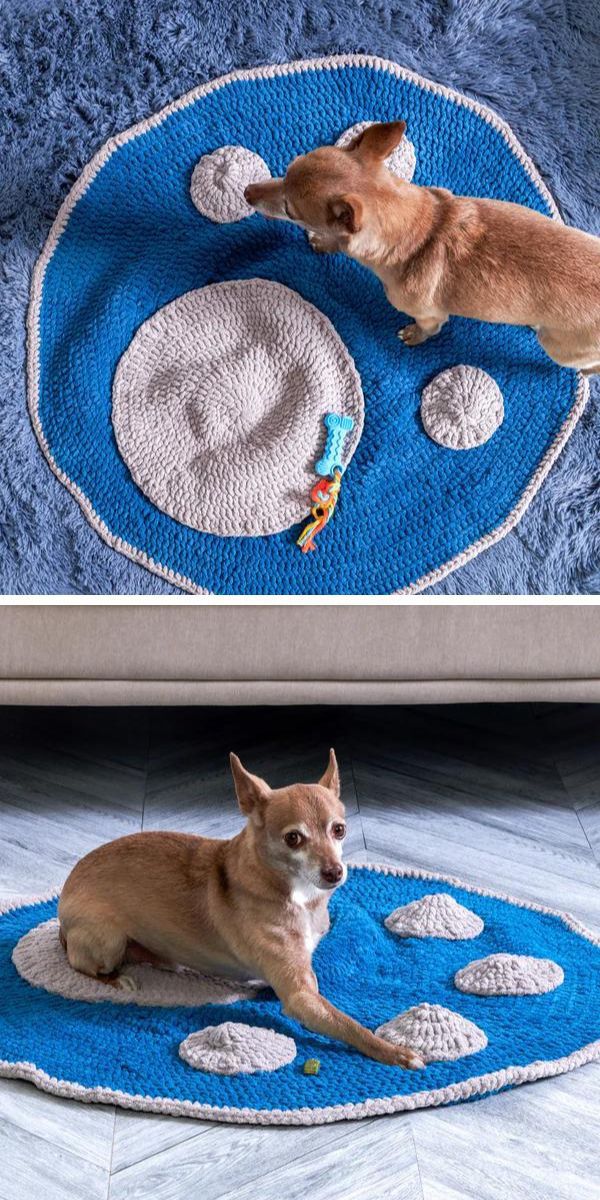 Two pictures of a dog on a blue rug made with crochet.
