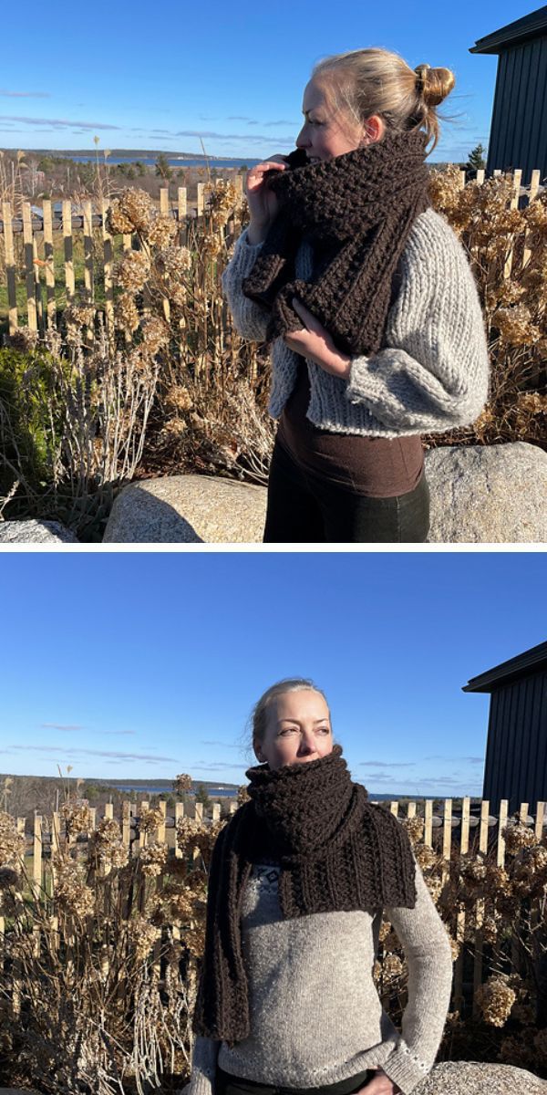 Two pictures of a woman wearing knitted scarves.