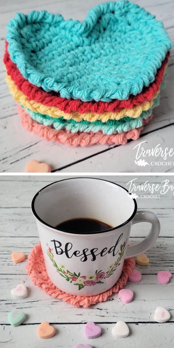 Crocheted flower coasters with a cup of coffee.