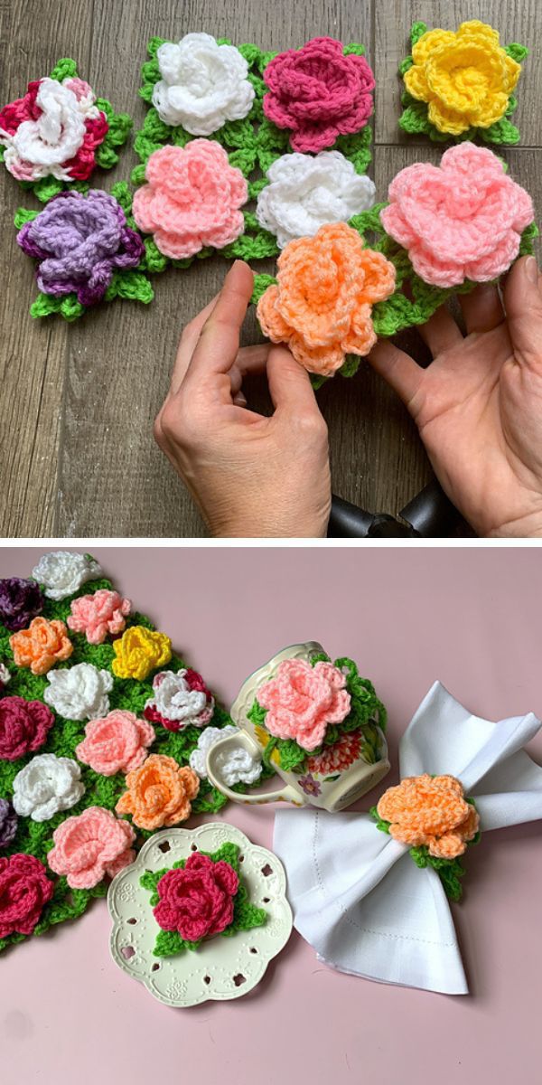Crochet flowers adorning a napkin.