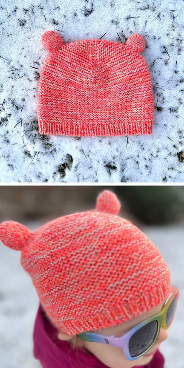 Two pictures of a little girl wearing a knit hat and sunglasses.