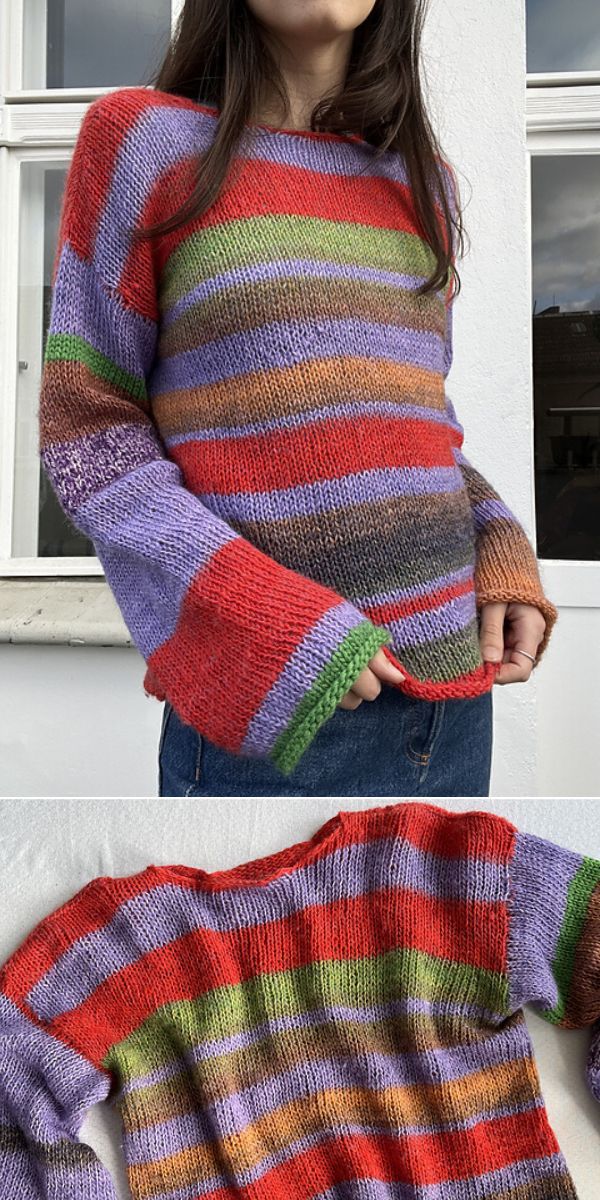 A woman is wearing a knitted sweater.