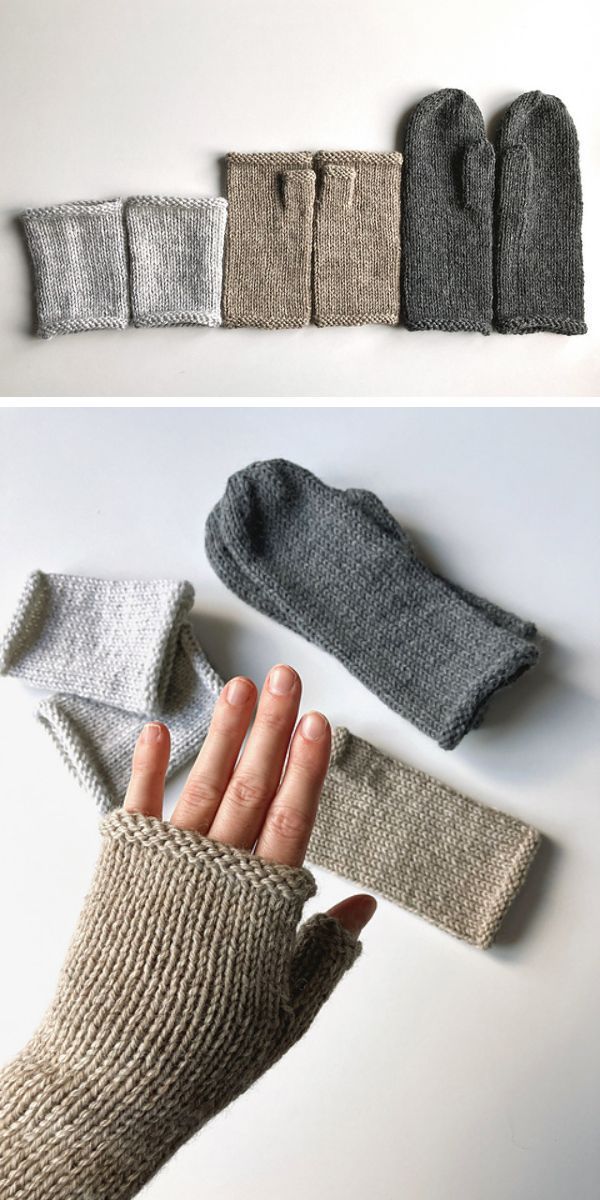 A pair of knitted fingerless mitts and a pair of fingerless gloves.