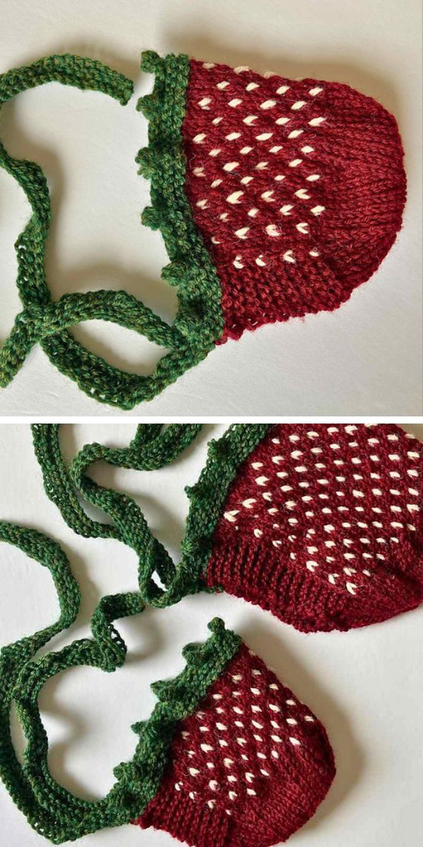 Two knitted strawberry-themed bags with green straps are shown.