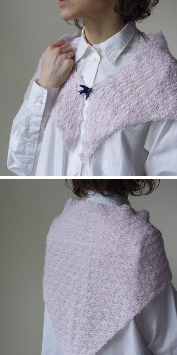 Two pictures of a woman wearing a pink lace shawl.