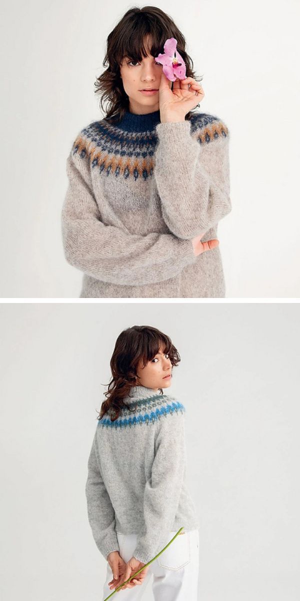 Two pictures of a woman wearing knitted sweaters and flowers.