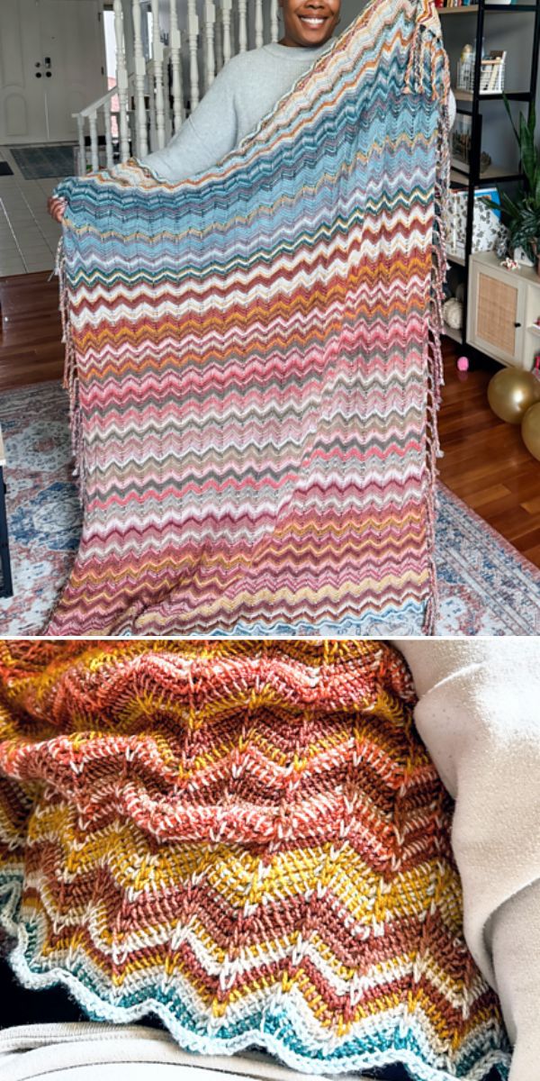 Two pictures of a woman holding a crocheted chevron afghan.