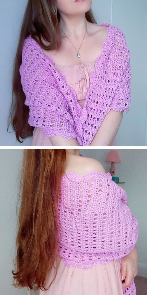 A crochet shawl adorned by a woman in vivid pink.