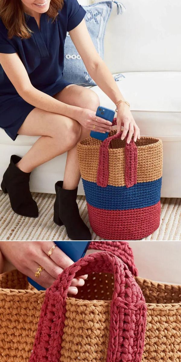 An easy-to-crochet tote bag is held by a woman.