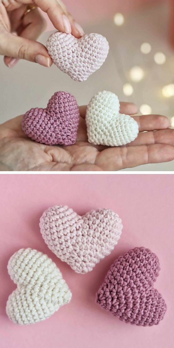 a small crochet heart amigurumi in pink and white