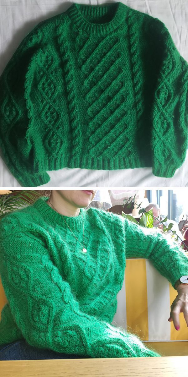 Two pictures of a woman wearing a knitted green sweater.