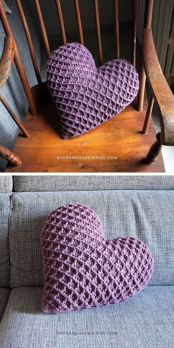 Two pictures of a chair adorned with crocheted heart pillows.